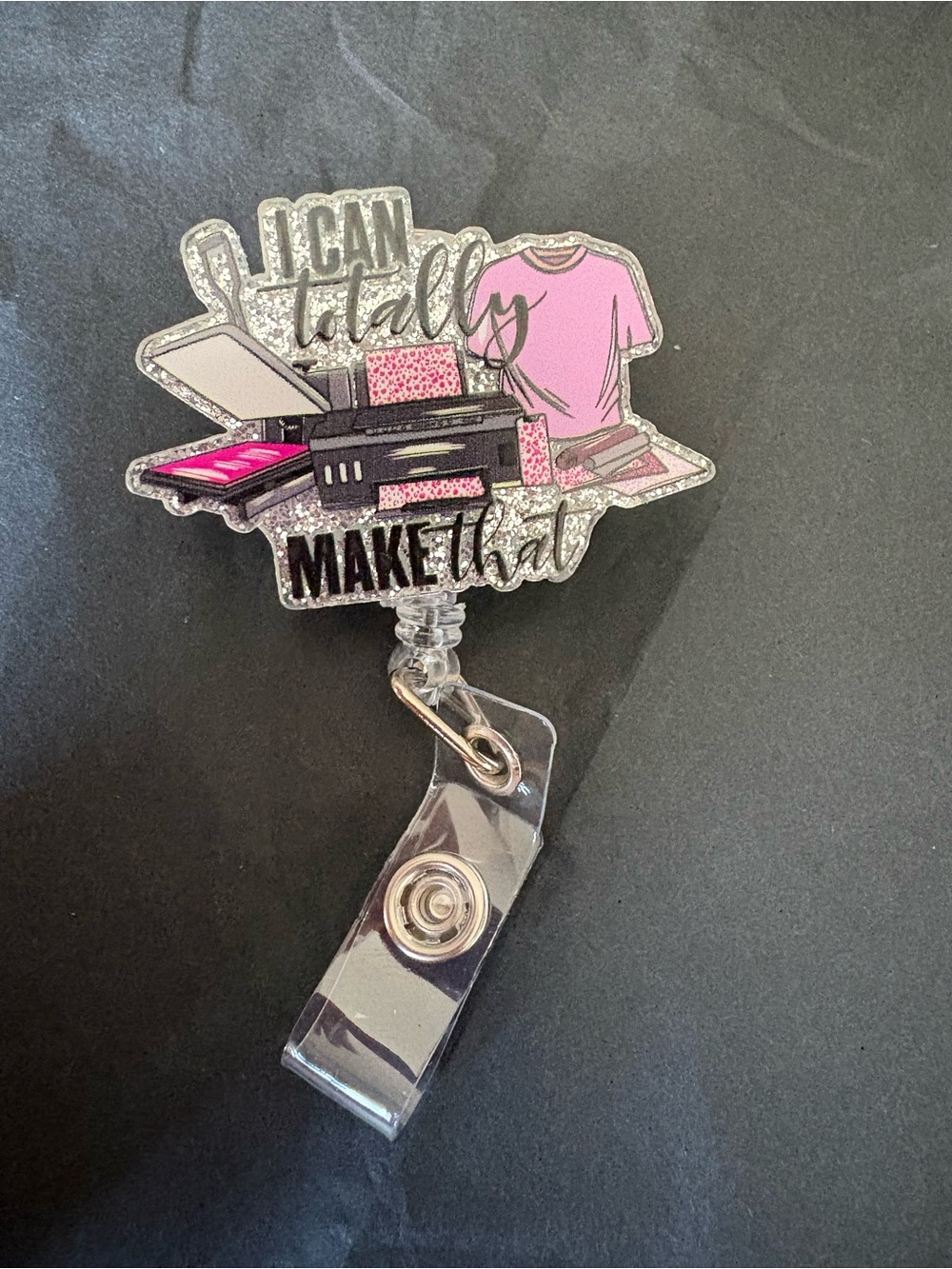 Glitter Badge Reel "I Can Totally Make That" - Pink & Silver